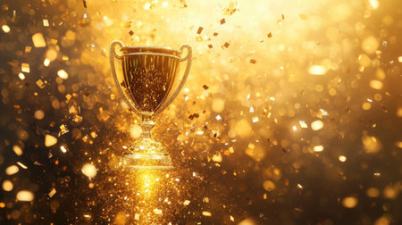 A shimmering golden trophy standing tall amidst falling confetti on a glowing gold background, perfect for celebration themesの素材