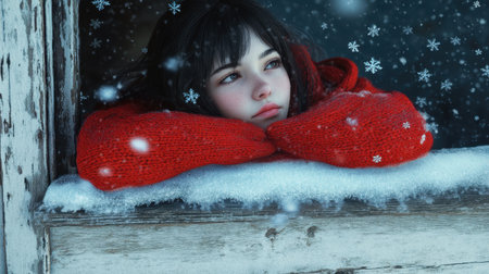 A girl with a red scarf leaning on a frosted wooden window frame, snowflakes glistening in the soft light of a winter morningの素材