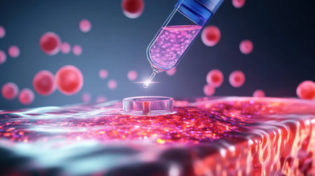 Conceptual 3D rendering of a laser and vitamin serum interacting with skin layers to repair damage and rejuvenate cellsの素材