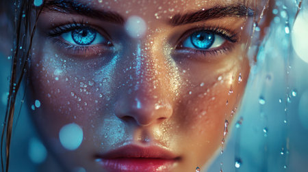 A vibrant close-up of a woman with sparkling blue eyes and glowing skin, surrounded by dewy water droplets on a soft backgroundの素材
