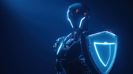 A high-tech robot with a luminous shield, set against a bold blue background to symbolize advanced digital protectionの素材