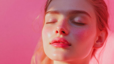 A serene young woman with glowing skin and closed eyes, set against a pastel pink background, embodying beauty and skincare conceptsの素材