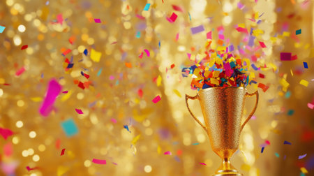 Celebration concept featuring a golden trophy with vibrant confetti falling on a polished gold background, ideal for award visualsの素材