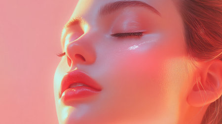 A youthful face of a woman with closed eyes, her glowing skin set against a pastel pink background, representing beauty careの素材