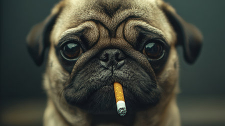 Close-up of a pug with a cigarette hanging from its mouth, exuding an effortlessly rebellious and cool vibeの素材