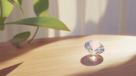 A delicate white sapphire gemstone resting on a wooden table in a pastel anime-inspired scene, exuding elegance and charmの素材