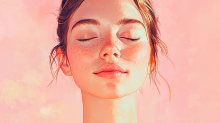 A portrait of a serene young woman with flawless skin and closed eyes, softly glowing on a pastel pink backgroundの素材