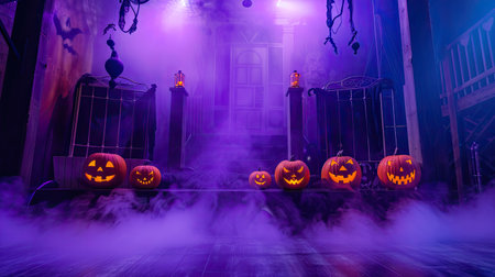 Orange Halloween stage with pumpkins, fog, and purple lighting, creating a spooky product backdrop.の素材