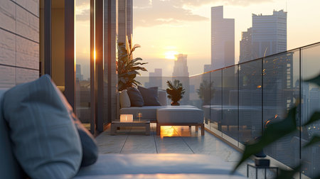 3D rendering of a luxurious apartment balcony, highlighting modern design and cityscape.の素材