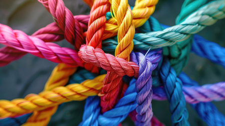 Interwoven colorful ropes, depicting a network of diverse strength and unity in a team setting.の素材
