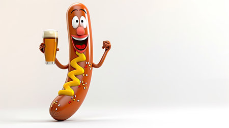 A 3D-rendered sausage icon holding a beer glass, with a cheerful expression and vibrant colors, set against a white background.の素材