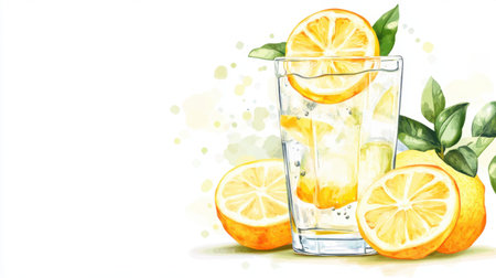 A glass of sparkling water with lemon slices, isolated on a clean white background with space for text.の素材