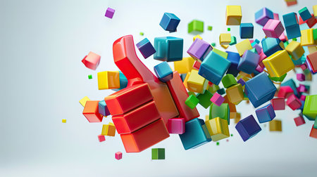 Array of multi-coloured cubes moving in space, coming together to form an abstract thumbs up sign on a plain background.の素材