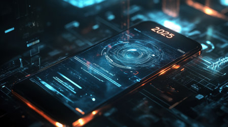 Futuristic mobile phone glowing in a dark environment, showcasing a holographic "2025" technology interface and digital innovationsの素材