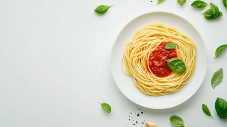A plate of delicious spaghetti with marinara sauce and basil, isolated on a white background with empty space for text.の素材