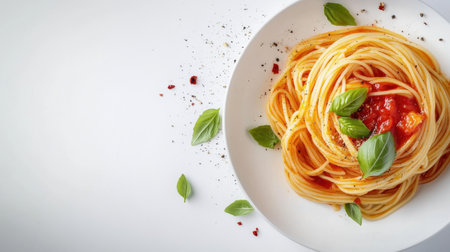 A plate of delicious spaghetti with marinara sauce and basil, isolated on a white background with empty space for text.の素材
