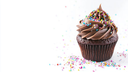 A chocolate cupcake with swirled frosting and sprinkles, isolated on a white background with space for text.の素材