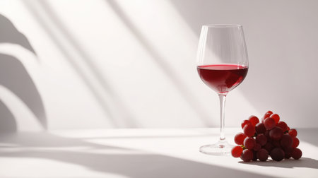 A glass of red wine with a bunch of grapes, isolated on a clean white background with space for textの素材