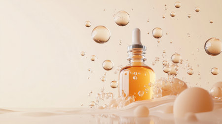 Soft-hued 3D visualization of skin serum and vitamins in motion, emphasizing rejuvenation and skincare solutionsの素材