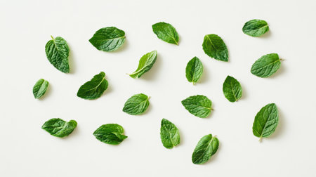 A cluster of fresh peppermint leaves with vibrant green hues, isolated on a clean white background for a refreshing and minimalist presentation.の素材