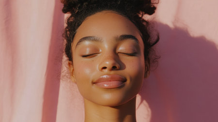Radiant young woman with closed eyes on a soft pink background, symbolizing calmness and effective skincare solutionsの素材