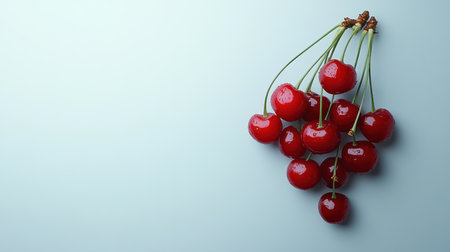 A cluster of bright red cherries with stems, isolated on a white background with room for text or designs.の素材