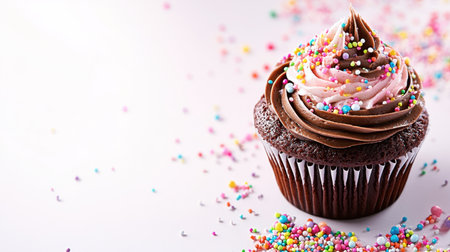 A chocolate cupcake with swirled frosting and sprinkles, isolated on a white background with space for text.の素材