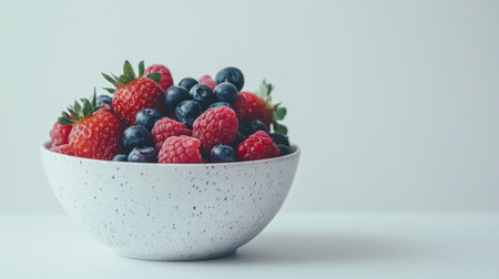 A bowl of fresh berries, including strawberries, blueberries, and raspberries, isolated on a white background with copy spaceの素材