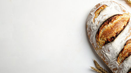 A fresh loaf of crusty artisan bread, isolated on a pristine white background with space for text or logos.の素材