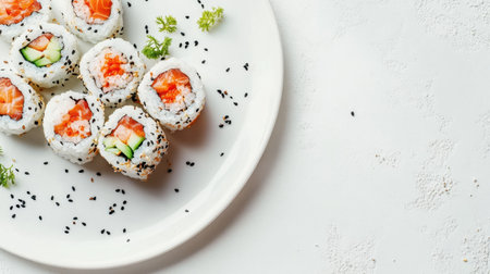 A plate of sushi rolls with colorful fillings, isolated on a white background with room for text.の素材