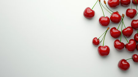 A cluster of bright red cherries with stems, isolated on a white background with room for text or designs.の素材