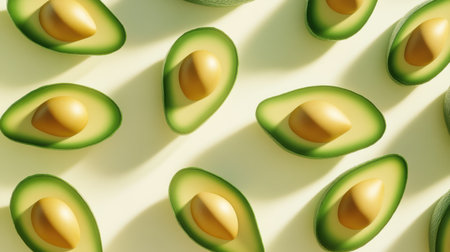 Fresh avocado halves with vibrant green flesh and a smooth brown pit, arranged cleanly on a white backdrop.の素材