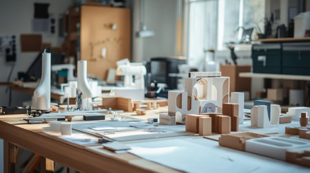 A creative workspace with prototypes and tools, representing innovative product development.の素材