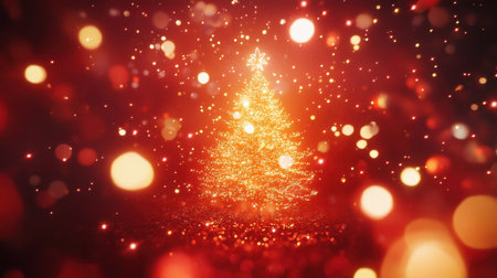A beautifully decorated Christmas tree glowing with lights, framed by a red background with festive sparkle and bokeh.の素材