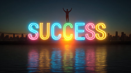 A striking neon sign displaying the word "Success," with a silhouette of a person celebrating at dusk by the water. The vibrant lights reflect on the surface, creating a scene that embodies achievement and inspiration against an urban skyline backdrop.の素材