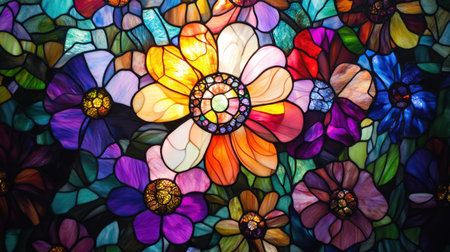 A vibrant stained glass artwork showcasing blooming flowers and a radiant focal point, illuminated against deep, rich tonesの素材