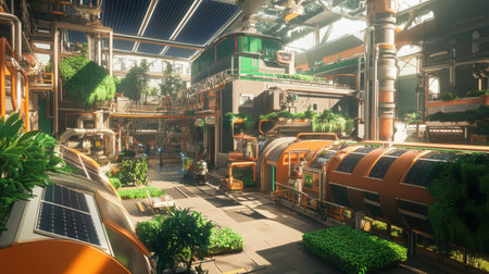 A panoramic view of an eco-friendly production facility with solar panels and green spaces.の素材