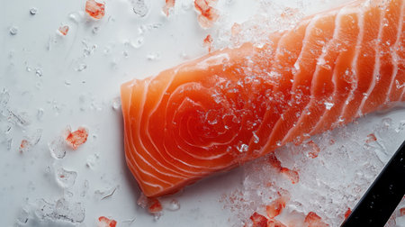 Vibrant raw salmon slice with distinct marbling, presented on a pure white backdrop for a clean and appetizing display.の素材
