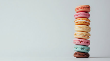 A stack of colorful macarons, isolated on a white background with plenty of room for text or branding.の素材