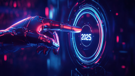 A futuristic hand interacts with a luminous "2025" start button, representing innovation and progress, with dynamic light effects.の素材