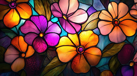 A luminous floral design in stained glass, with vibrant colors and textured details on a richly hued background.の素材