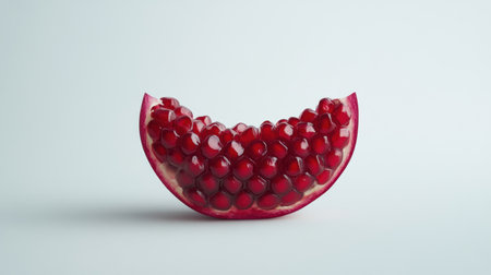 A pomegranate halved to display its ruby-red seeds against a crisp white background.の素材