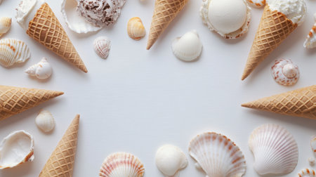 Fun summer logo with ice cream cones and seashells arranged creatively on a white background, evoking seasonal joy.の素材