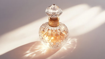 A luxurious crystal-stoppered perfume bottle with ornate gold accents, glowing softly on a white surface.の素材