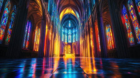 A surreal cathedral interior adorned with towering stained glass windows in vibrant hues of blue, red, and yellow, casting mesmerizing light.の素材
