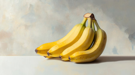 A fresh bunch of ripe bananas with a golden-yellow peel, resting naturally on a clean white surface.の素材