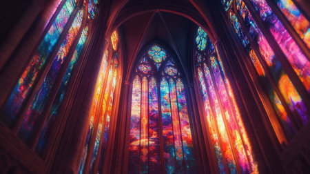 The majestic inside of a cathedral with intricate stained glass windows in vivid colors, creating a dreamlike atmosphere.の素材