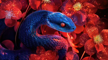 A surreal image of a blue snake surrounded by vibrant flowers and glowing circles, contrasting against a rich red backdrop.の素材