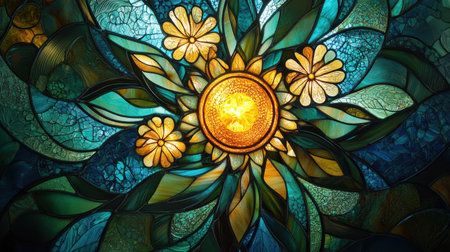 A stunning stained glass panel depicting intricate flowers and a glowing golden centerpiece, framed by blue and green textures.の素材