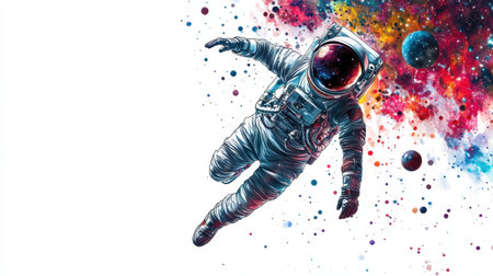 Cool Y2K astronaut floating among colorful stars and planets, showcasing retro aesthetics. Ideal for prints or merchandise. White background.の素材